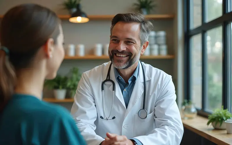 woman talking with a dr or pharmacist